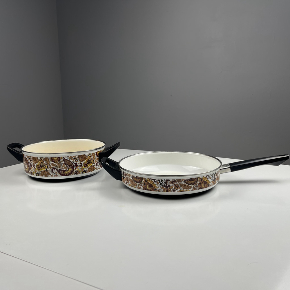 Vintage Fancipans Frying Pan Skillet & pot Brown Paisley Autumn Leaf Enamel japy